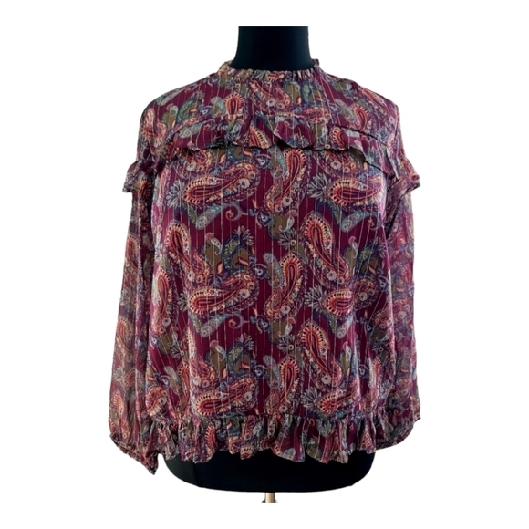 New Cato Women's Plus Sheer Paisley Ruffle Gold Purple Dress Blouse Top 22/24W - Picture 2 of 6